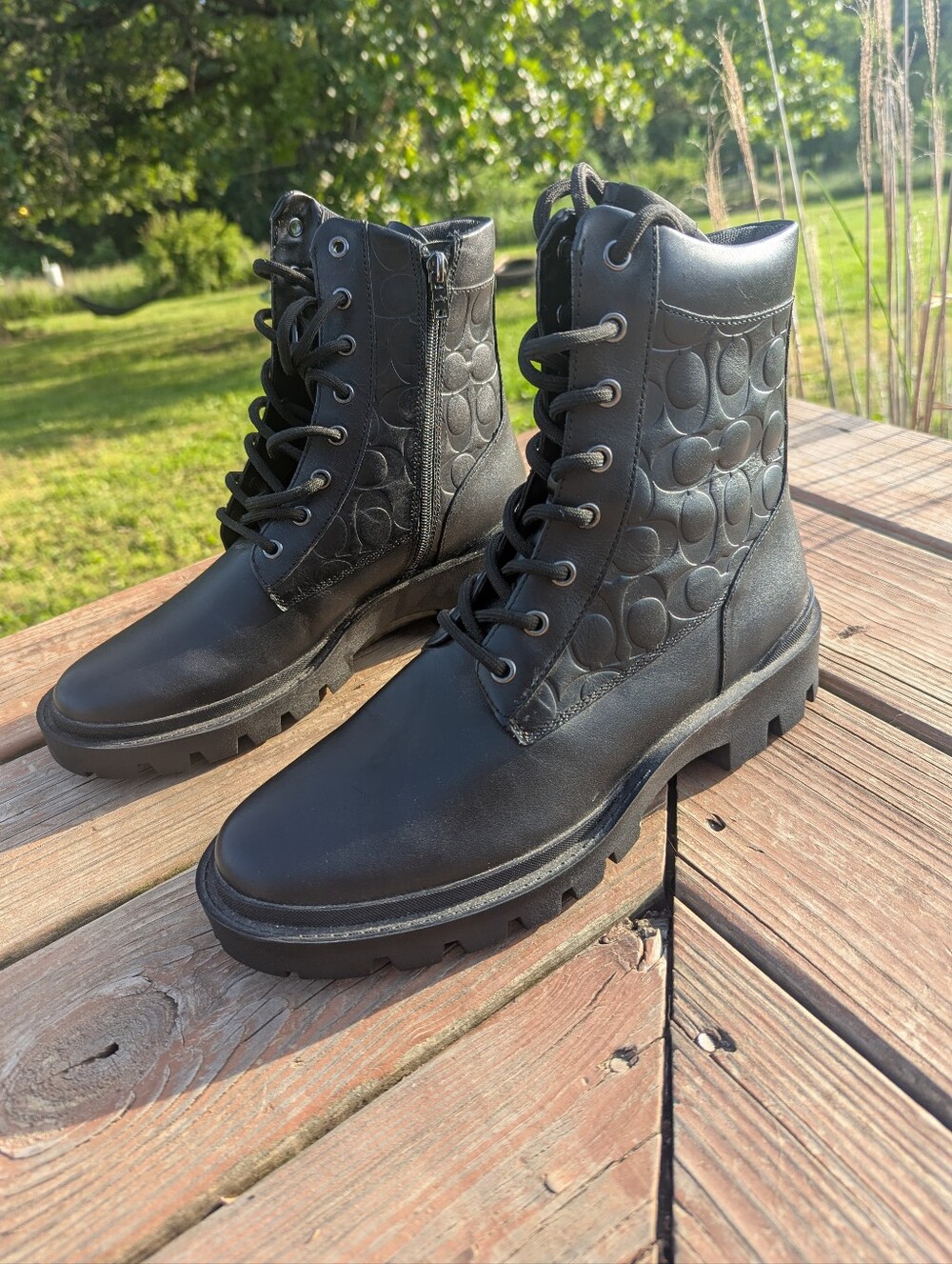 Coach Signature Black Leather Combat Ankle Boots Lace-Up Lug Sole Men's 8.5 New